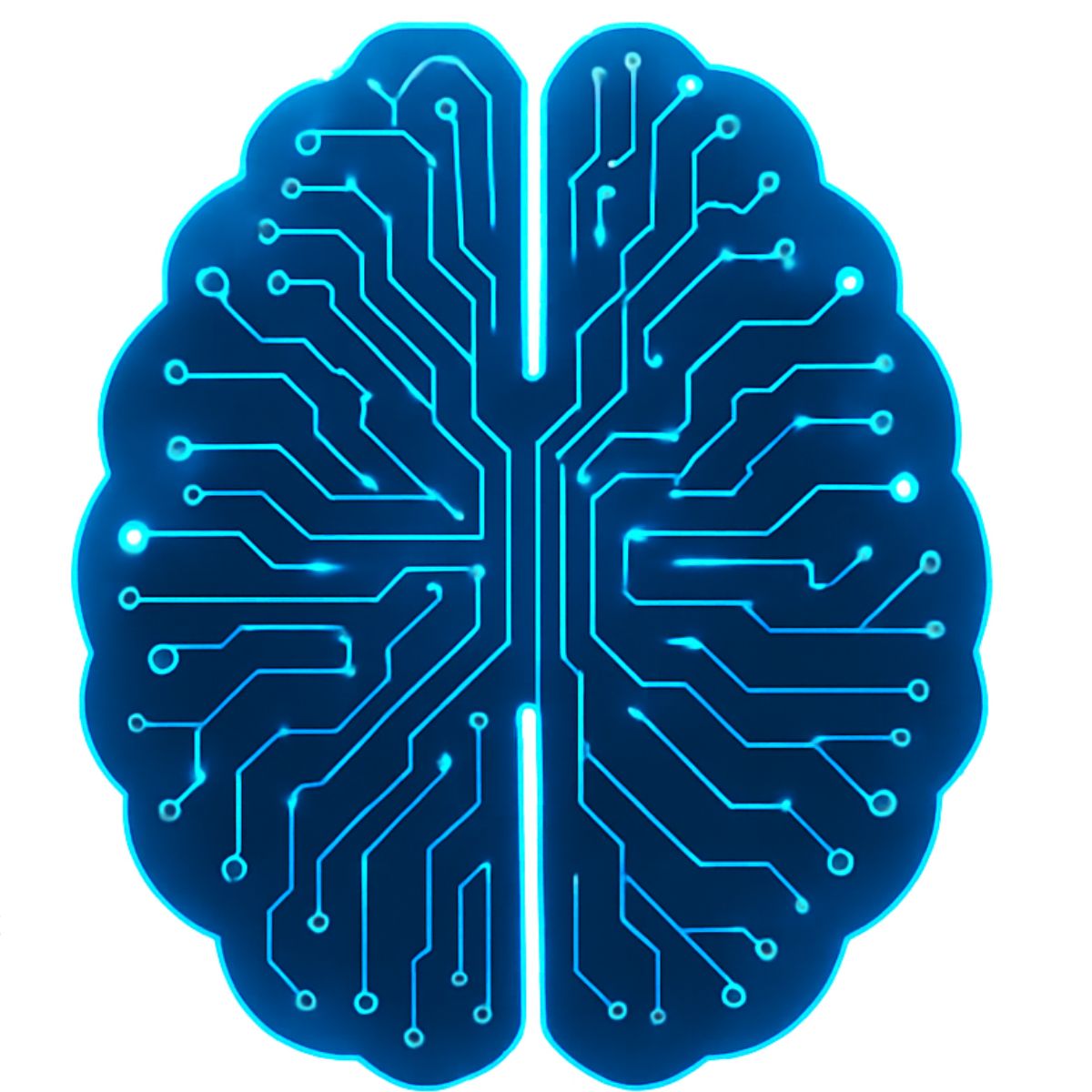 Illustration of a glowing brain with circuit patterns representing AI-driven cybersecurity services