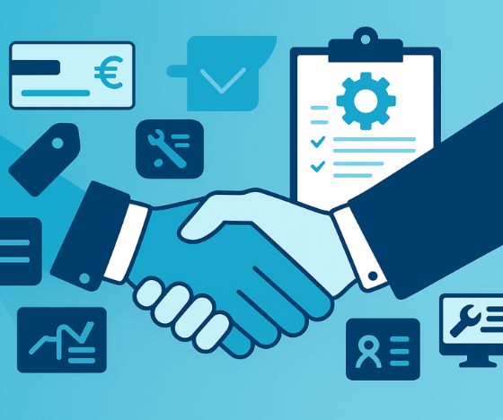 Illustration of a digital handshake surrounded by icons for billing, branding, support, and contracts